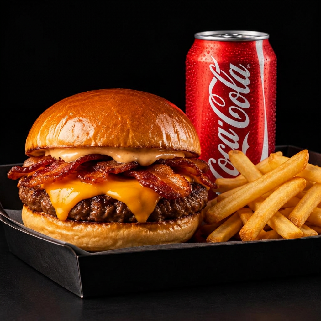 1 Cheese Bacon + 1 Meia Porção Batata + 1 Coca-Cola 350ml