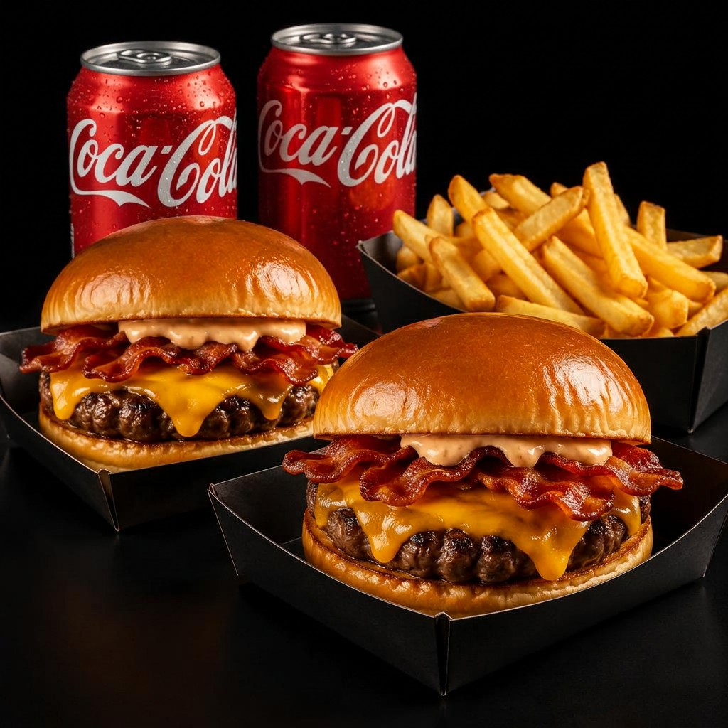 2 Cheese Bacon + 1 Porção Inteira Batata Frita + 2 Coca-Cola 350ml