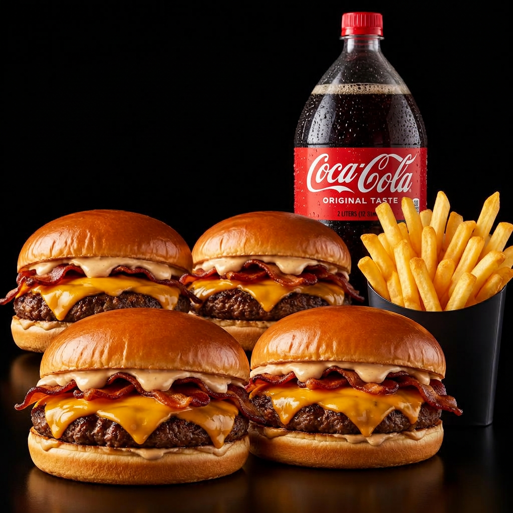 4 Cheese Bacon + 1 Porção Inteira Batata Frita + 1 Coca-Cola 2L