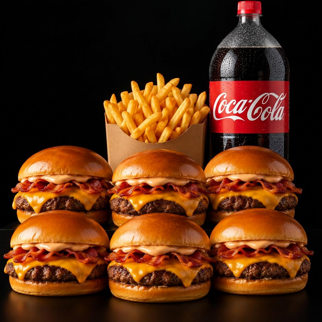 Combo 6 (6 Cheese Bacon + 1 Porção Inteira Batata Frita + 1 Coca-Cola 2L)