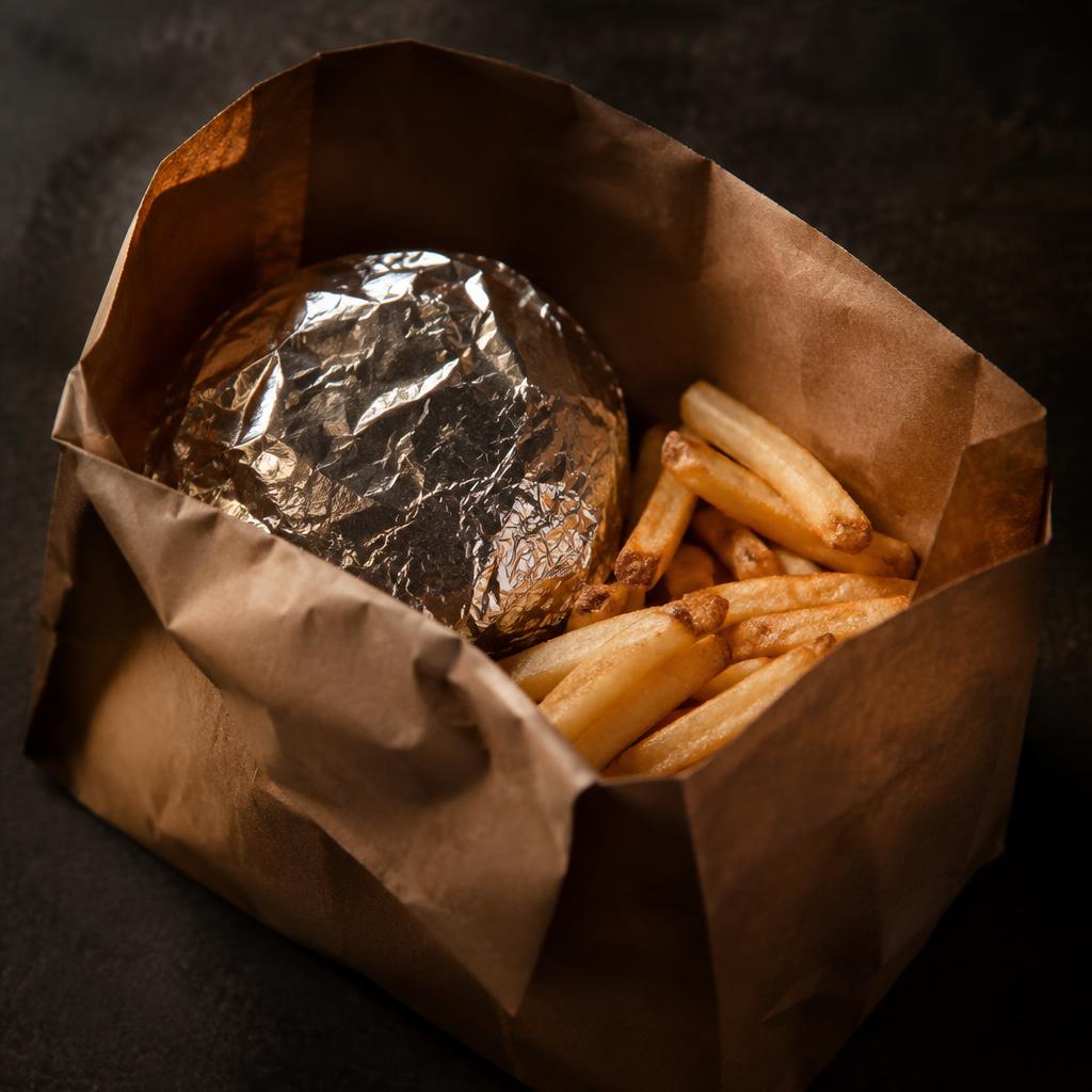 Lanche embalado em alumínio dentro do saco de entrega